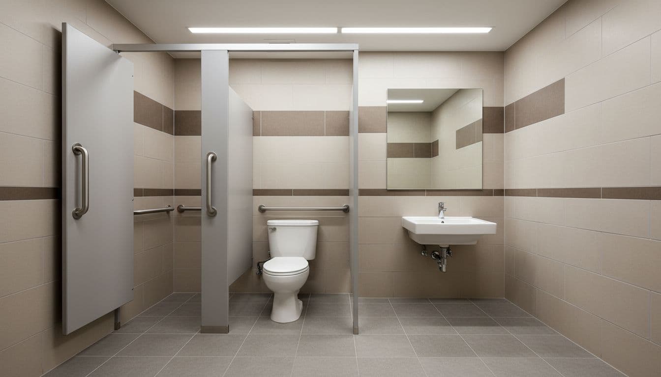 Clean interior view of an empty unisex restroom in a commercial building, featuring a toilet with grab bars, wide open stall door, ADA-compliant sink with knee space and lever faucet, low-mounted mirror, tiled walls and floor, and soft overhead lighting.