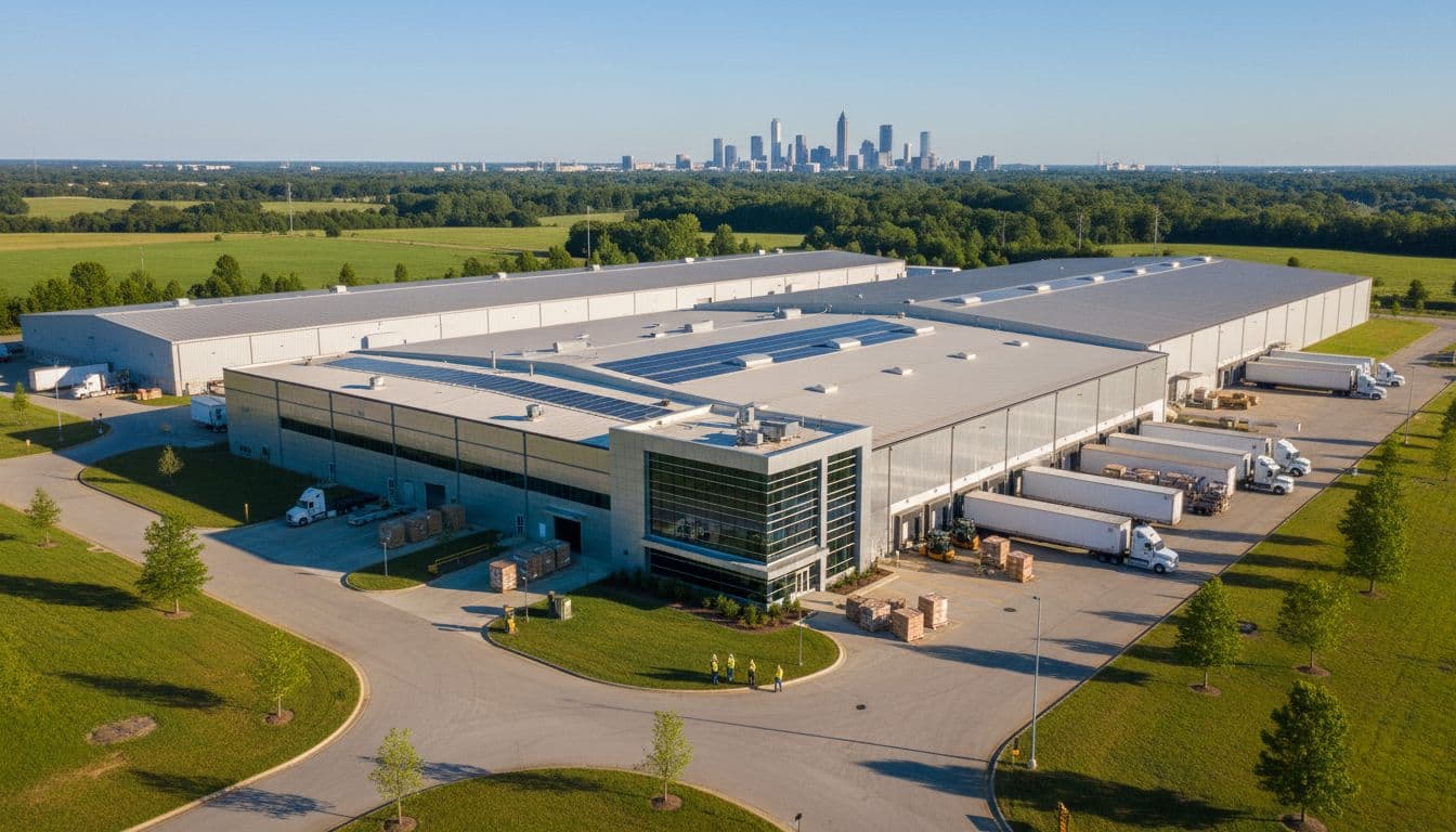 Aerial view of a modern manufacturing plant with warehouses and production lines in a sunny industrial park near Atlanta, Georgia. Trucks loading goods and workers in safety gear outside the main building under clear blue sky with vibrant green fields.