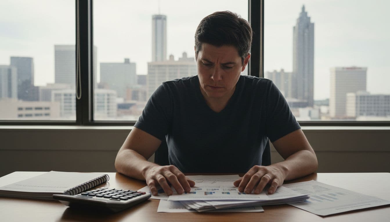 A focused person at a desk reviews laundromat financial reports and machine maintenance logs, with a calculator nearby and the Atlanta skyline visible through the window, illuminated by soft daylight.