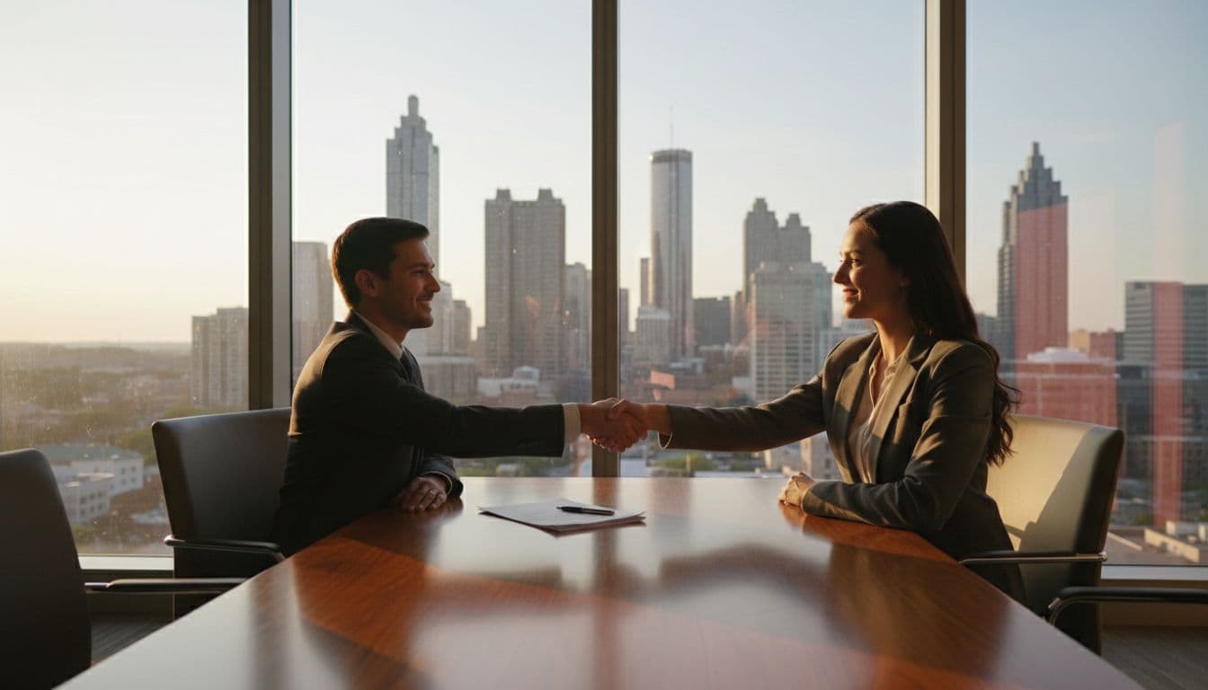 Two business owners in professional attire shake hands after signing an asset purchase agreement in a conference room overlooking the Atlanta skyline, with warm professional lighting.