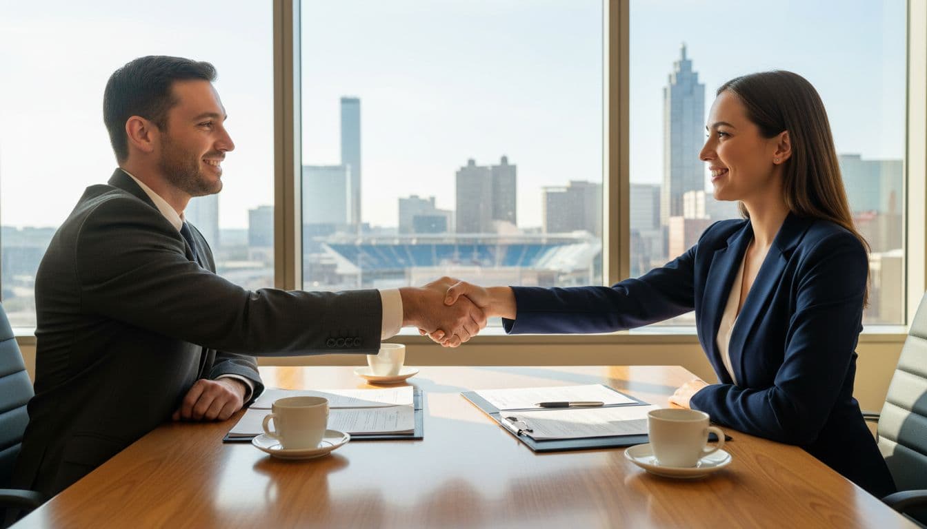 Confident business seller and buyer shaking hands in a sunny conference room with Atlanta Georgia skyline view through large windows, professional suits, documents and coffee on wooden table, warm natural light, realistic photo.