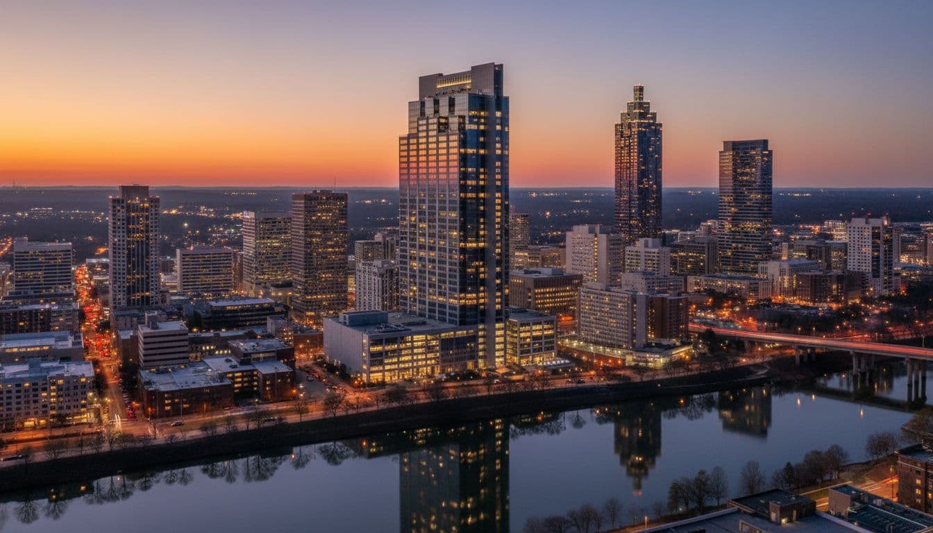 Wide landscape view of a prominent modern commercial office building in the Atlanta, Georgia skyline at dusk, featuring reflecting city lights and professional real estate photography style with natural lighting. Exactly one building is featured prominently, with no people, text, logos, or watermarks.