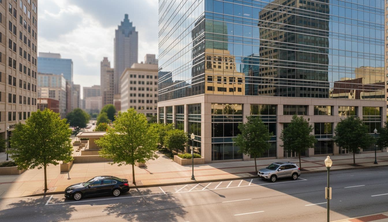Street view of a busy multi-tenant office building with glass windows against the Atlanta, Georgia skyline background, featuring a sidewalk and exactly two parked cars under natural afternoon lighting, no people visible.