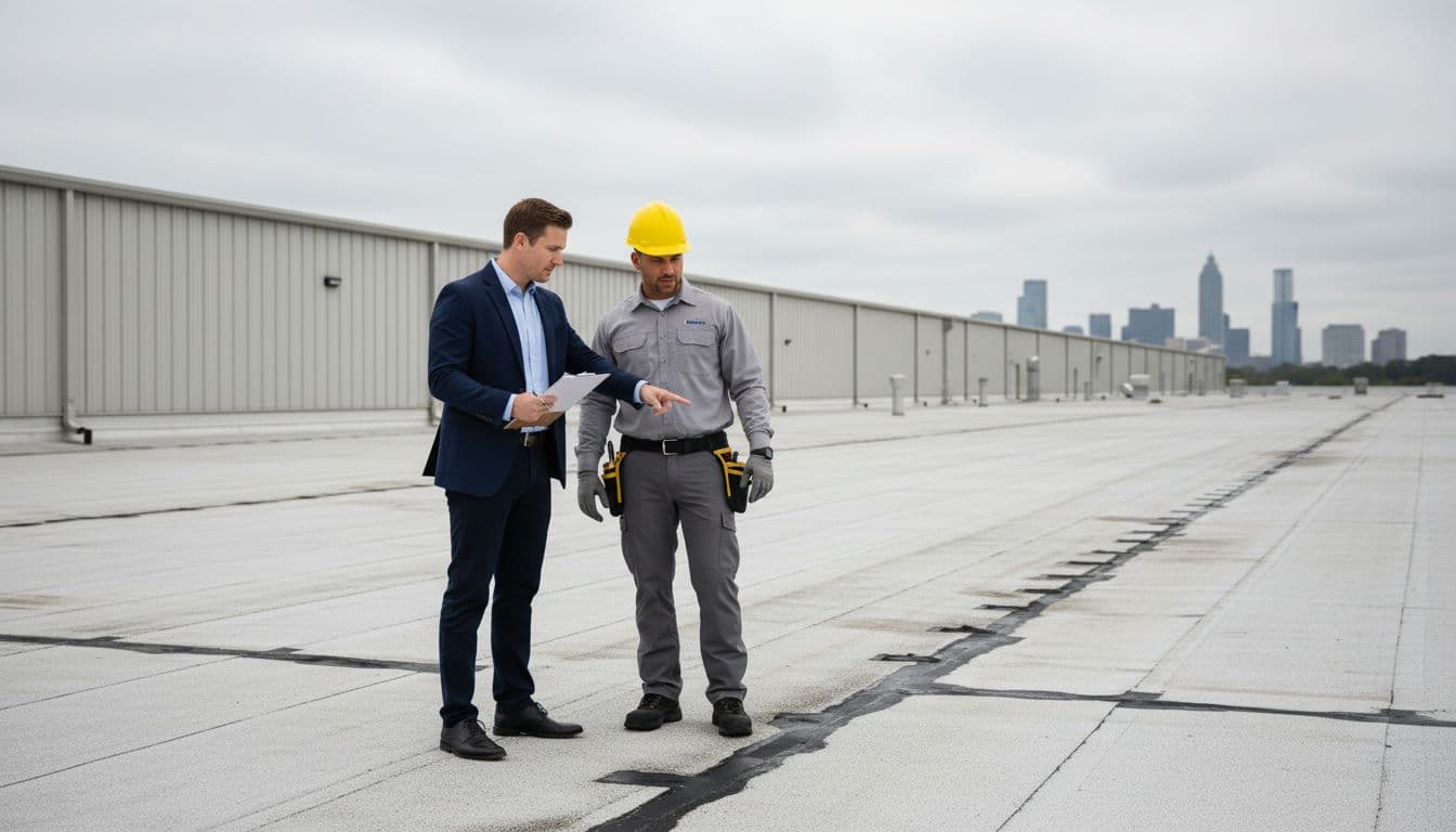 Business buyer and roofing foreman inspect flat commercial warehouse roof with clipboard, pointing to details.