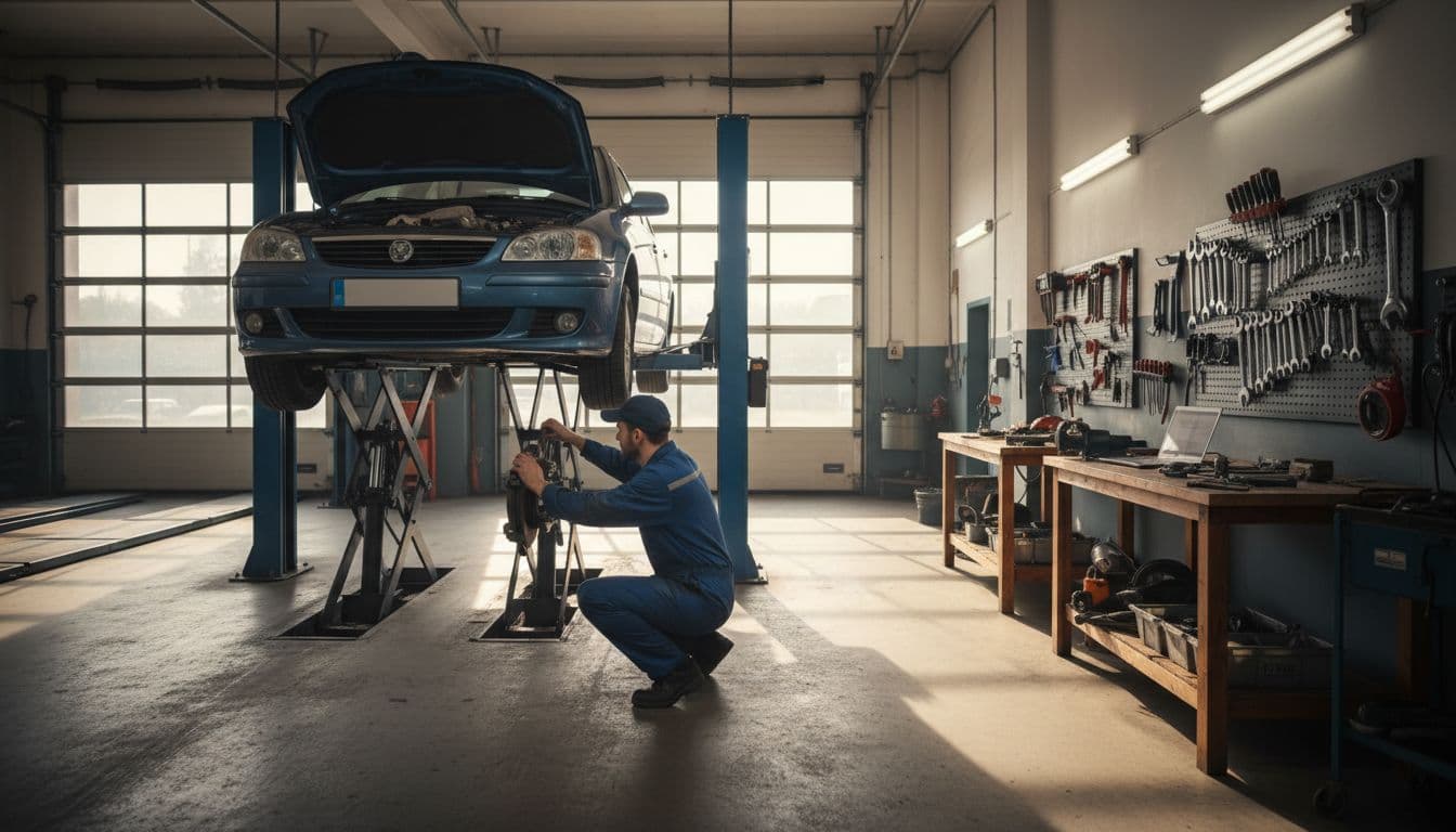 Spacious auto repair garage interior shows a car on a hydraulic lift with a single mechanic in uniform checking brakes underneath, surrounded by organized tool racks, workbenches, and open bay doors allowing warm natural daylight.