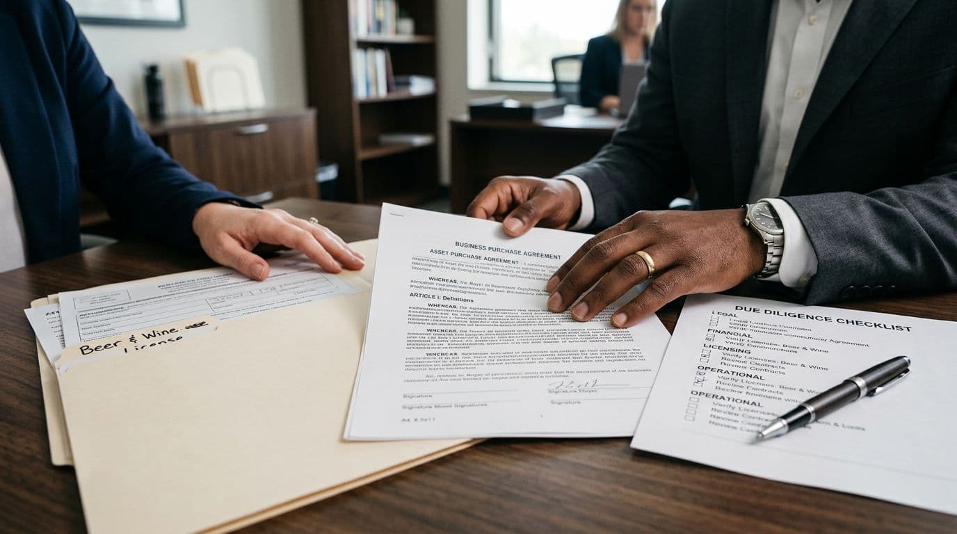 Close-up tabletop view of business purchase agreement documents, pen, open 'Beer & Wine License' folder, due diligence checklist, and diverse hands relaxedly reviewing in professional office.