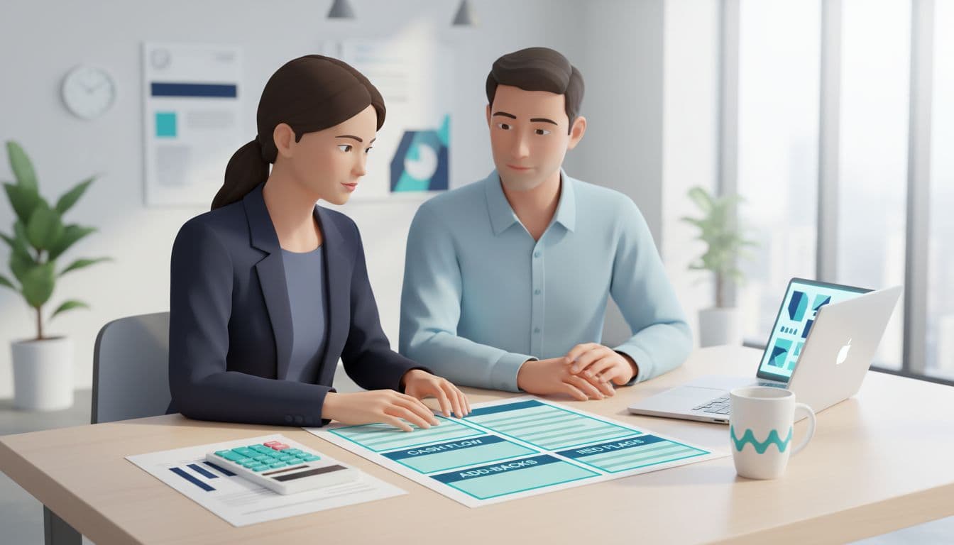 Clean, modern vector illustration depicting a professional broker and potential buyer seated at a wooden desk in a bright office, reviewing a printed business-for-sale listing sheet with teal highlights on Cash Flow, Add-Backs, Rent, and Red Flags. Nearby items include a calculator, simple bar chart, coffee mug, and laptop in a neutral navy, slate, white, and teal palette.