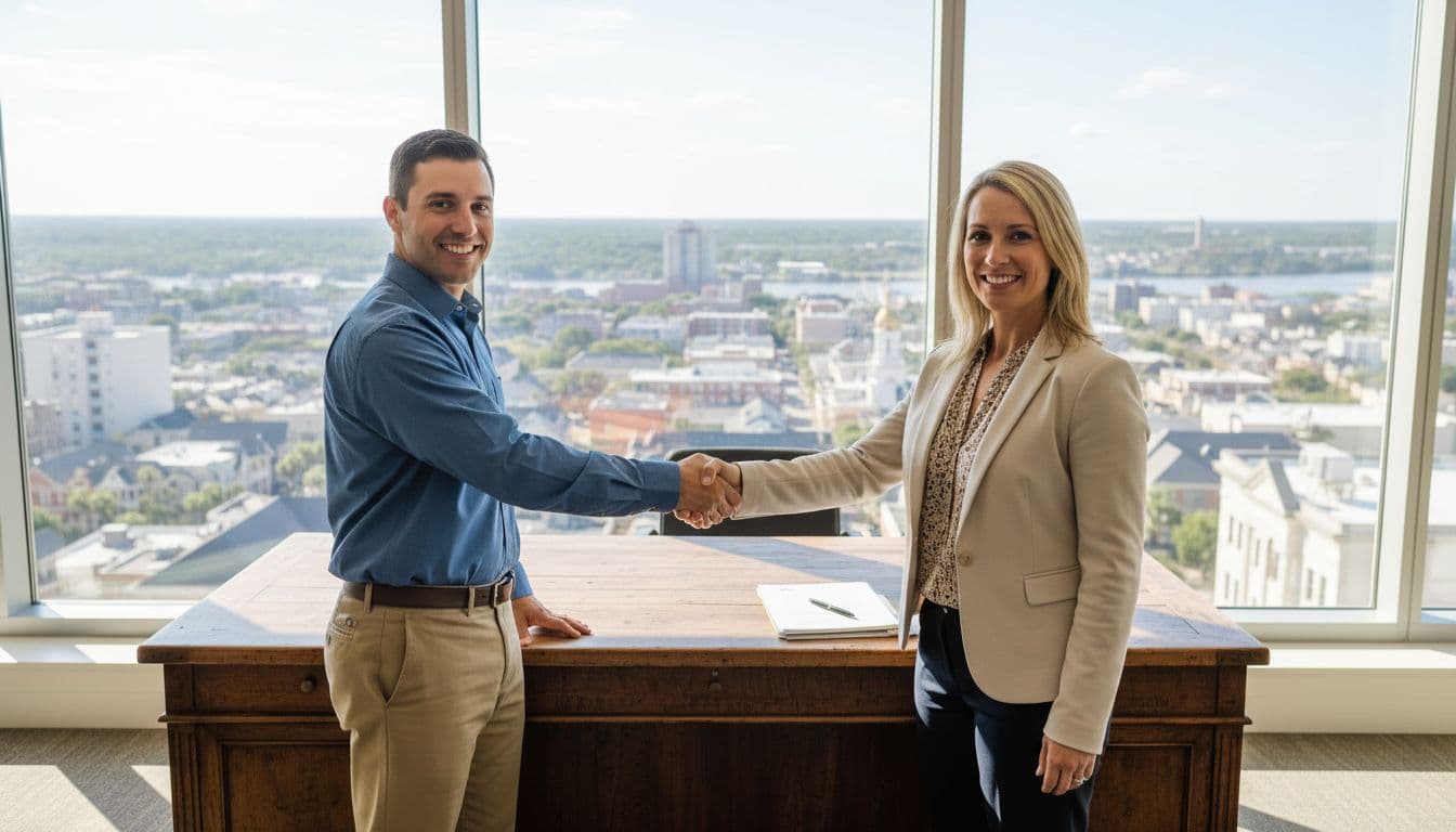 A professional business broker shakes hands with a business owner across a wooden desk in a sunny office overlooking the Savannah Georgia skyline, featuring one man and one woman in business casual attire under natural daylight.