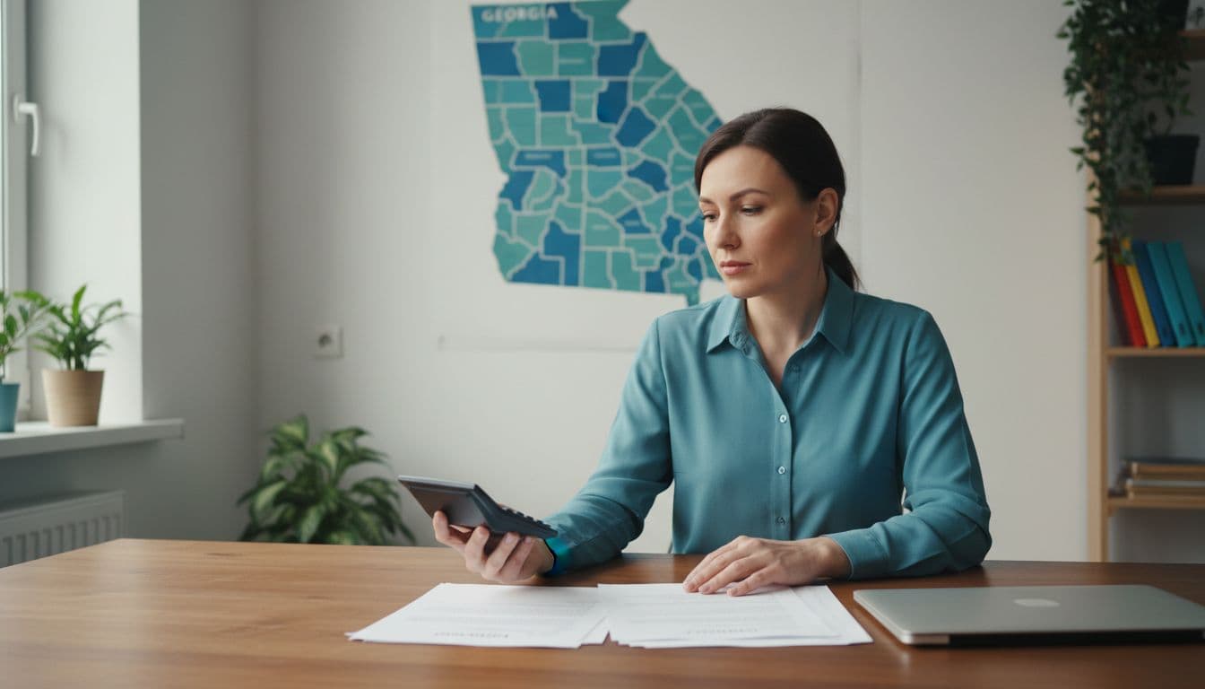 A savvy business buyer sits thoughtfully at a desk, using a calculator to determine the earnest money deposit while reviewing contract papers, with a closed laptop nearby and a Georgia state map on the office wall under soft window lighting.