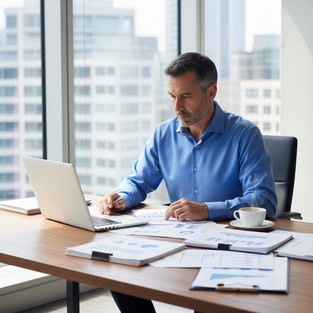 A focused middle-aged professional business buyer examines financial documents and a laptop on a wooden desk in a bright office with natural daylight and a coffee cup nearby.