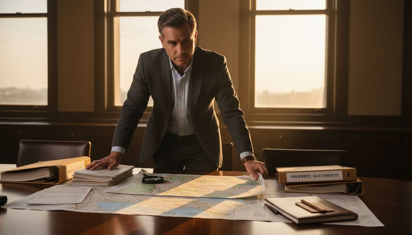 Professional scene of a business buyer reviewing zoning maps and property documents at a table, focused on papers with relaxed hands in a warm-lit office setting, realistic style, exactly one person, no screens, text, or logos.