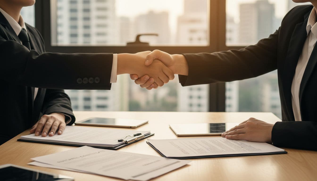 Two business professionals shaking hands over a conference table with estoppel certificate and lease documents in the foreground, in a modern conference room with warm lighting.