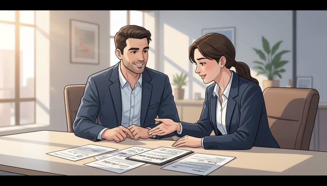 Illustration of a confident business owner and professional lender negotiating personal guarantee release over loan documents and checklists on a conference table in a modern office, with a subtle handshake gesture and warm natural light.