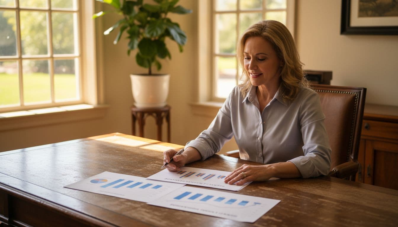 A single business owner sits at a wooden desk in a sunny Georgia office, reviewing printed financial statements and charts displaying revenue trends over 12 months, bathed in natural daylight with warm tones.