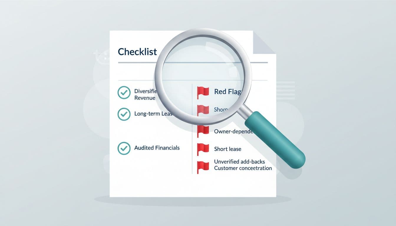 Clean modern vector illustration of a magnifying glass examining a business listing document, highlighting red flag warnings like owner-dependent, short lease, unverified add-backs, and customer concentration alongside positive checklist items.