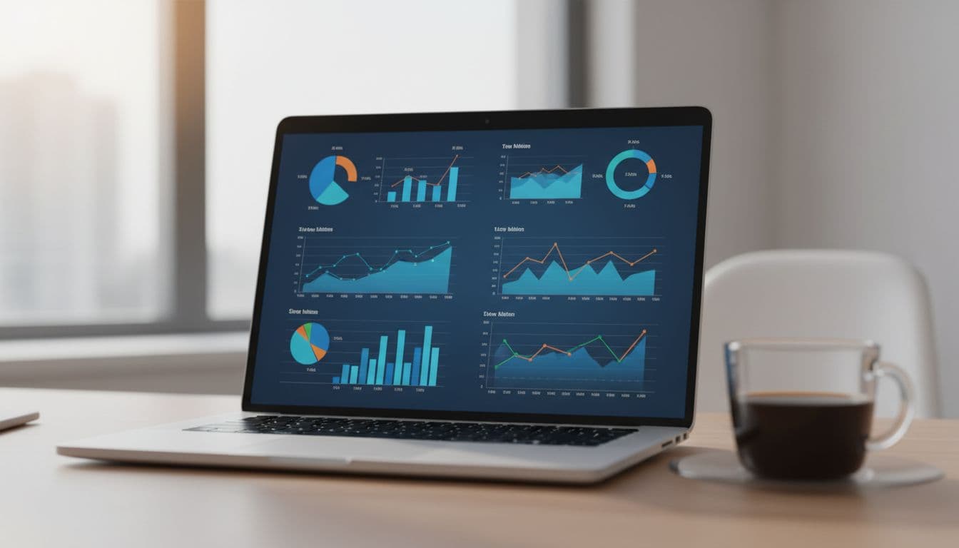 Charts and graphs displaying business financial valuation metrics on a laptop screen in a modern office, with a coffee mug nearby under soft lighting. Close-up on blurred data visuals in a professional style, no people or extra objects.