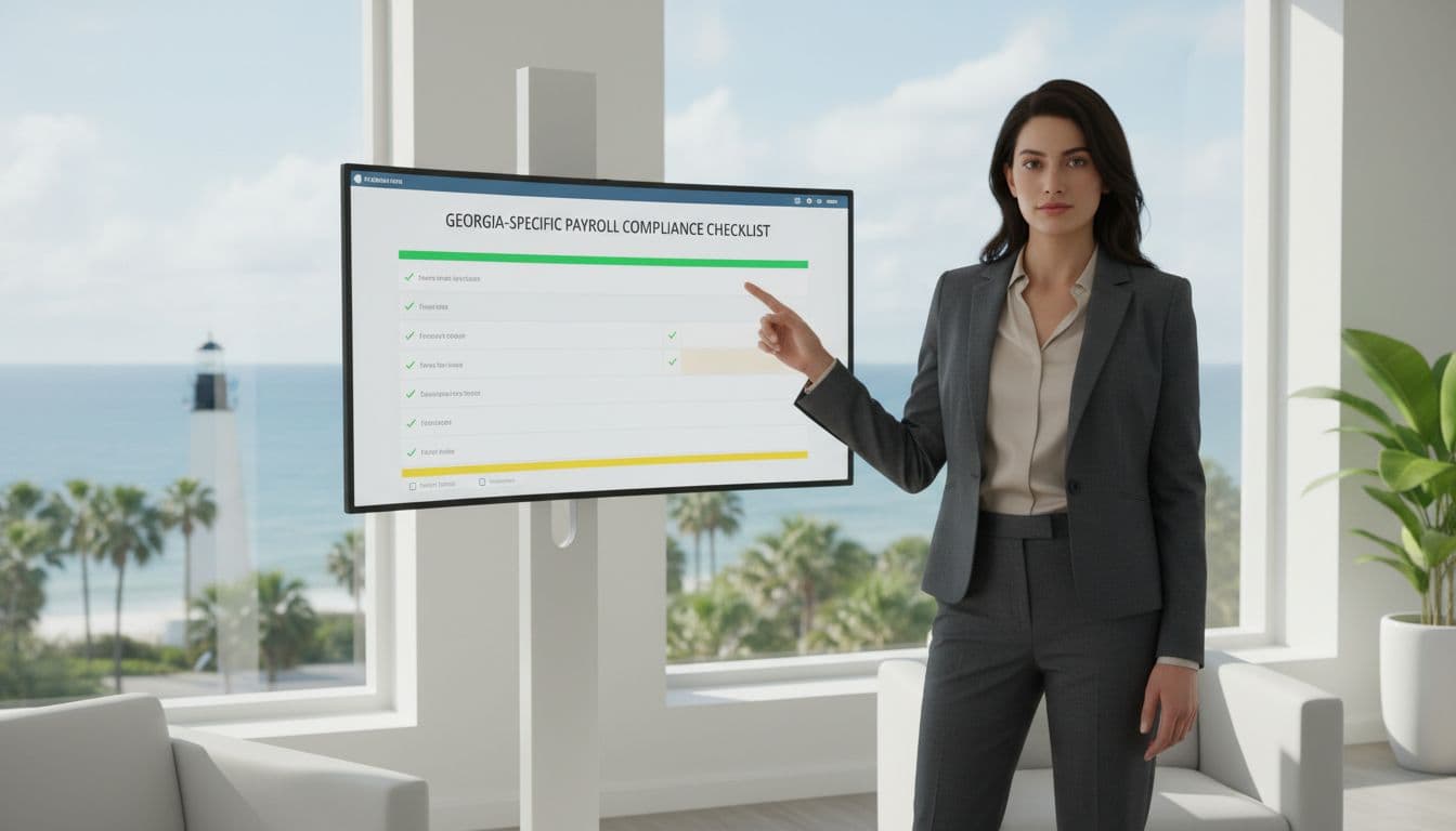 A confident businesswoman in professional attire reviews a payroll compliance checklist on a large monitor in a bright Savannah, Georgia office with a coastal view through the window.