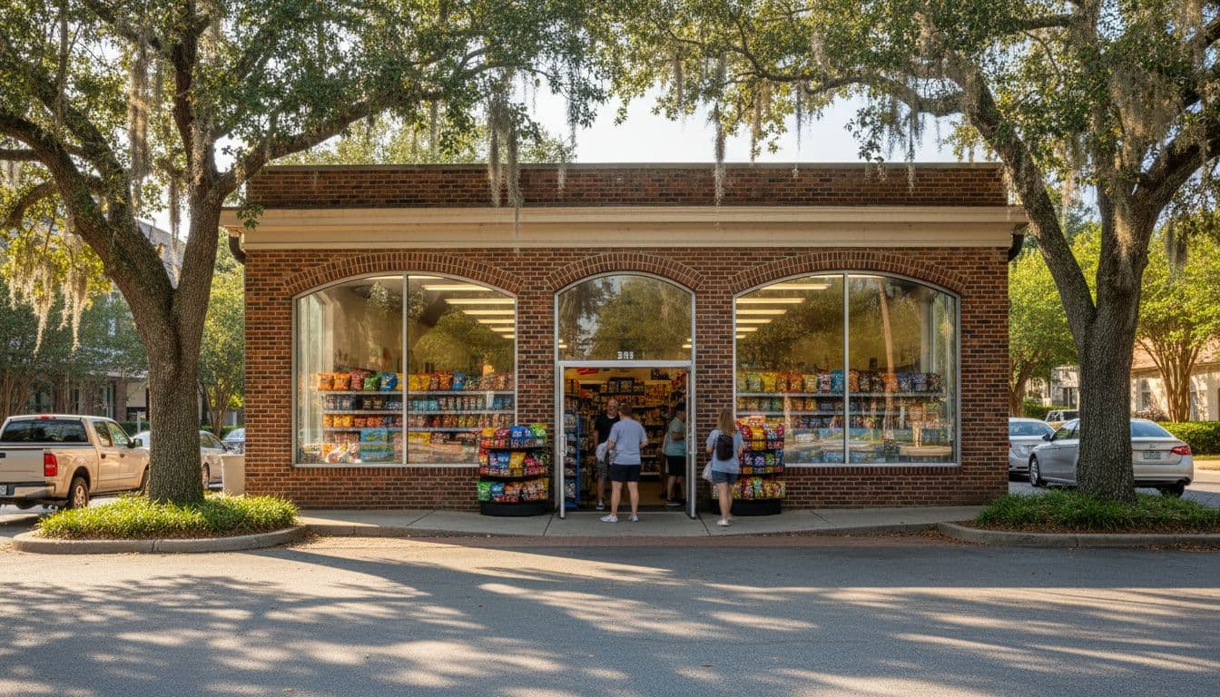 Daytime exterior of busy convenience store in Georgia town with entering customers and stocked shelves visible through windows.