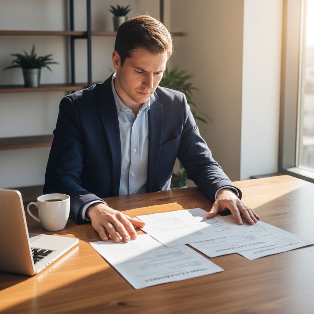 Person in business casual reviews financial documents and store lease at wooden desk in sunny office.