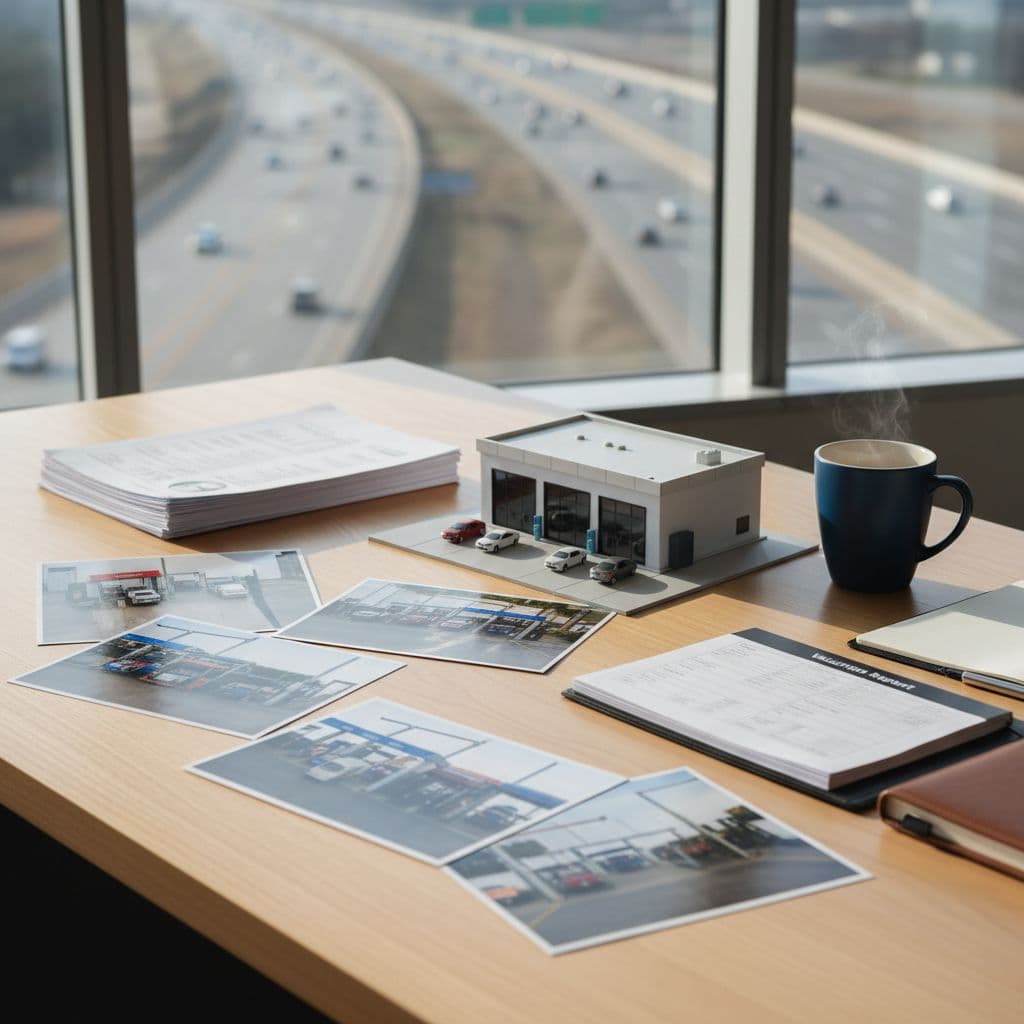 Clean professional desk in broker office with stacked financial documents, car wash property photos, valuation report, small scale model of car wash facility, coffee mug, and notepad. Large window shows distant highway view in natural morning light, realistic photography.
