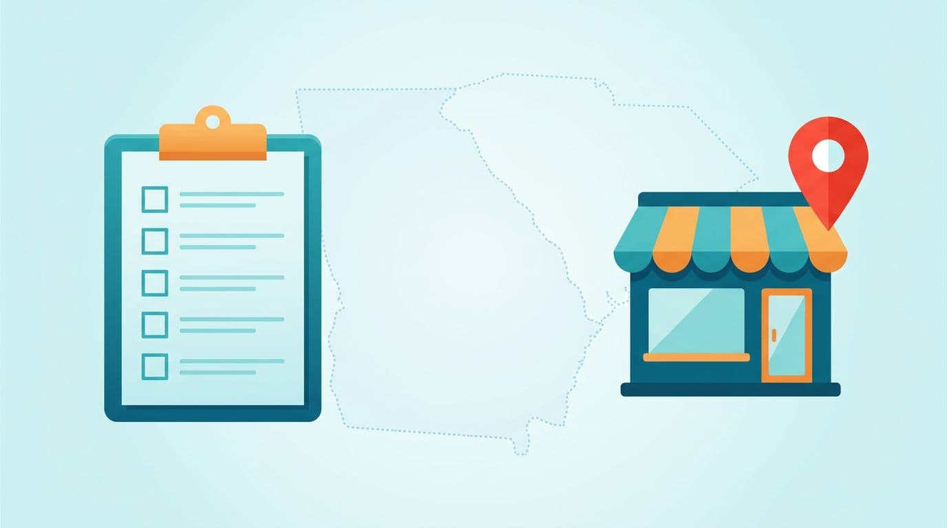 Flat vector illustration of a clipboard holding a blank checklist next to a storefront building icon, red location pin, and faint connected outlines of Georgia and South Carolina maps. Business professional style with blues, teals, and orange accents, landscape composition.