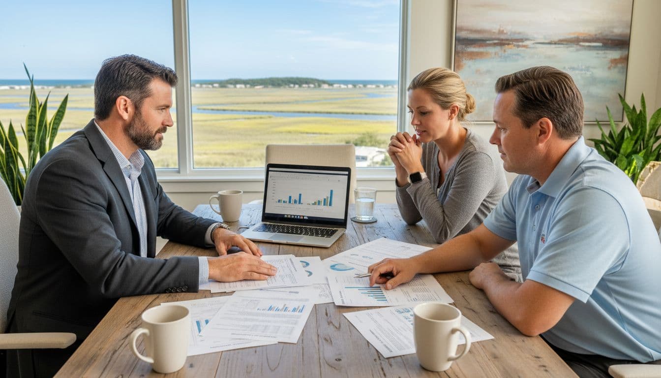 Photorealistic scene of two business buyers and a broker casually reviewing financial documents during a due diligence meeting in a coastal Georgia office overlooking salt marshes, with laptops, coffee cups on a wooden table, and bright natural light creating a relaxed professional atmosphere.