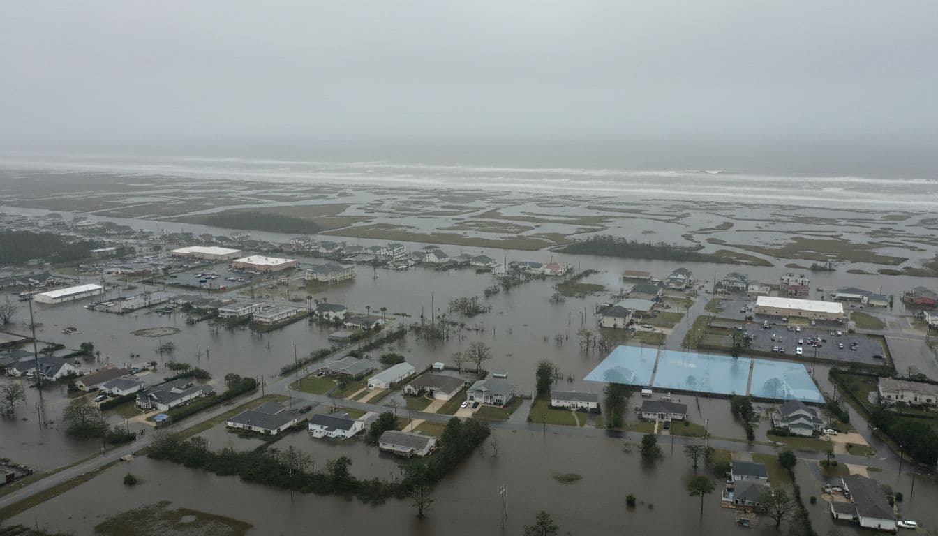 Aerial view of coastal Georgia shoreline near Savannah with flooded low-lying areas during a storm surge, featuring houses and commercial buildings in subtly marked flood zones, in realistic style with daytime overcast lighting.