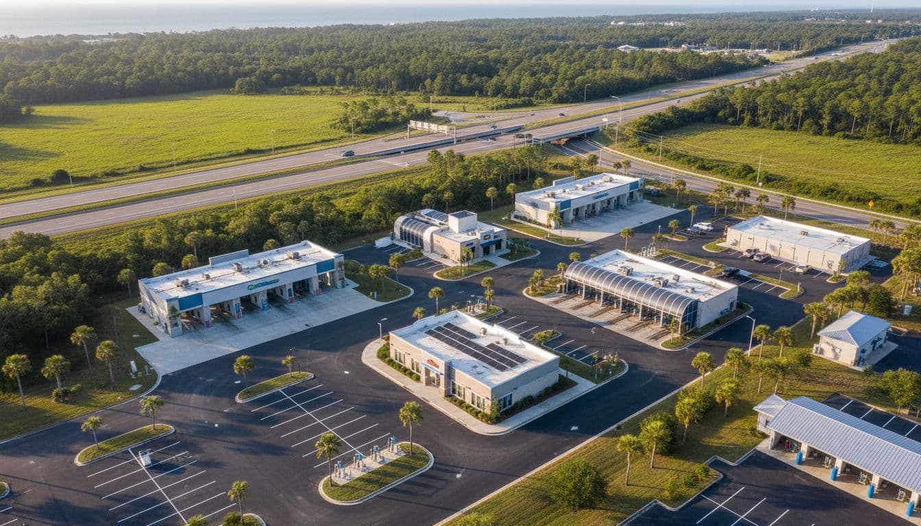 Photorealistic aerial drone image of multiple modern car wash buildings with bays and tunnels along a highway in coastal South Carolina, surrounded by green fields and trees in sunny afternoon light.