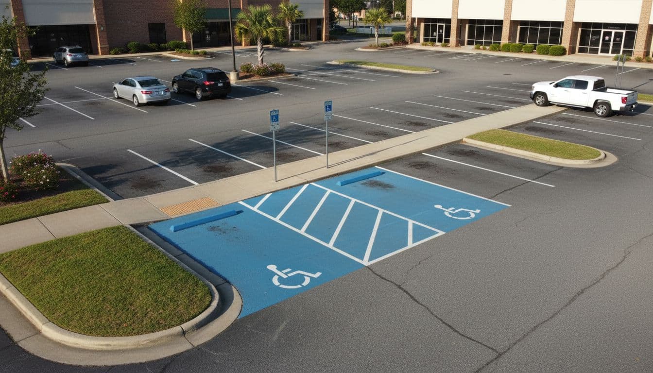 Aerial photograph of a sunny suburban Georgia commercial parking lot featuring several standard spaces, two ADA accessible spaces with blue markings—one van-accessible with extra width and striped aisle—proper pole signage, and curb cut ramp to sidewalk. Realistic style in bright daylight with exactly three parked cars, no people, motion, or readable text.