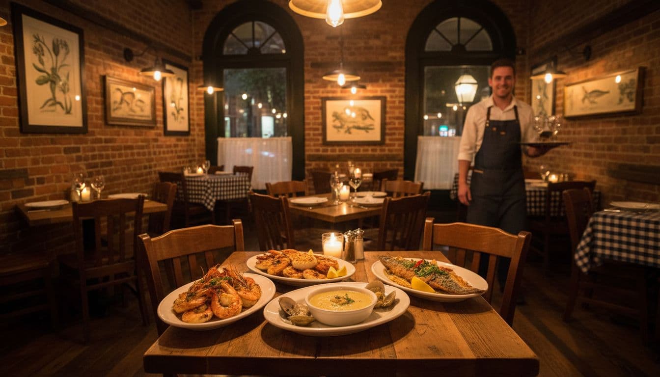 Warm and inviting interior of a family-owned restaurant in Savannah featuring wooden tables with fresh seafood dishes, ambient lighting, and one server in the background. Realistic photo capturing an appealing hospitality atmosphere perfect for new owners.