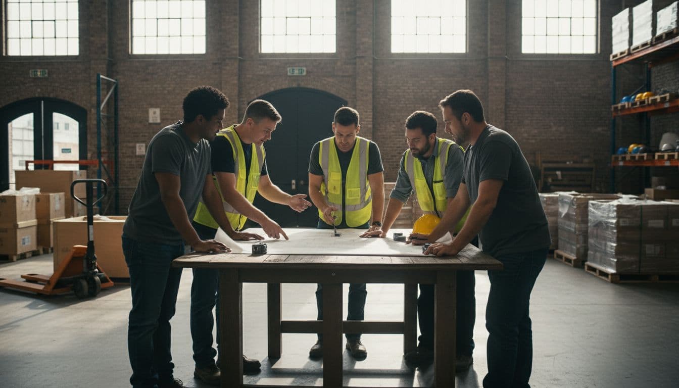 A diverse group of exactly five employees in a Savannah, Georgia warehouse gathers around a table to discuss plans under natural daylight, emphasizing focused collaboration in a photorealistic style.