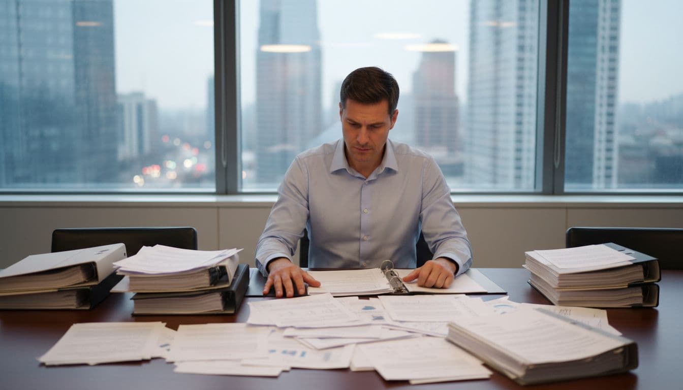 Seated professional in button-up shirt examines stacks of documents and contracts on conference table in modern office.