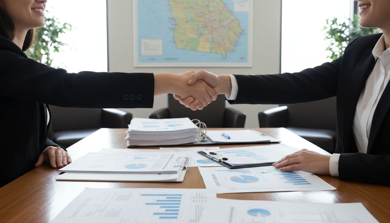 Two business professionals shake hands over due diligence documents and valuation charts on a desk, Georgia and South Carolina maps in background.