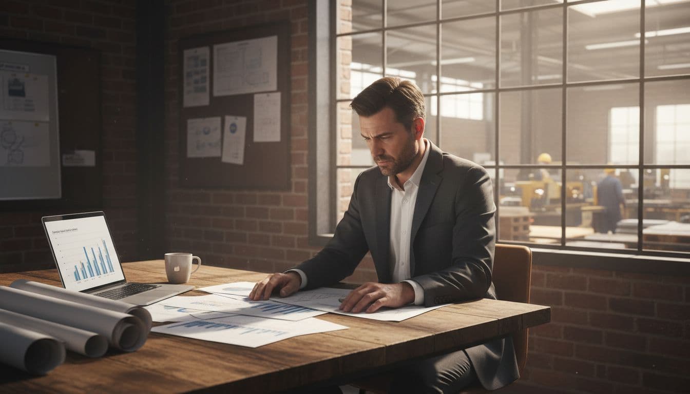 A professional in business attire reviews financial documents and blueprints at a wooden desk in a South Carolina manufacturing office, with an open laptop displaying charts, a coffee mug, and a window showing the factory floor under warm natural light.