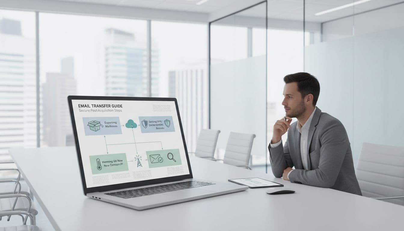 Clean modern business-tech illustration of email migration during business acquisition, featuring a simple flowchart on a laptop screen in a conference room showing steps like exporting mailboxes, SPF/DKIM/DMARC setup, IP warming, and inbox checks.