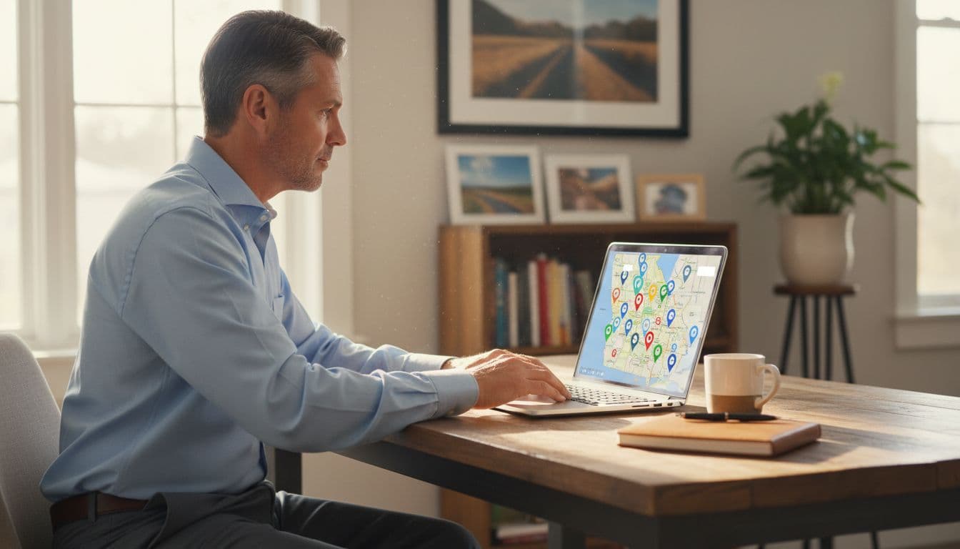 Middle-aged entrepreneur at wooden desk in home office focuses on laptop showing Georgia and South Carolina map with business pins.