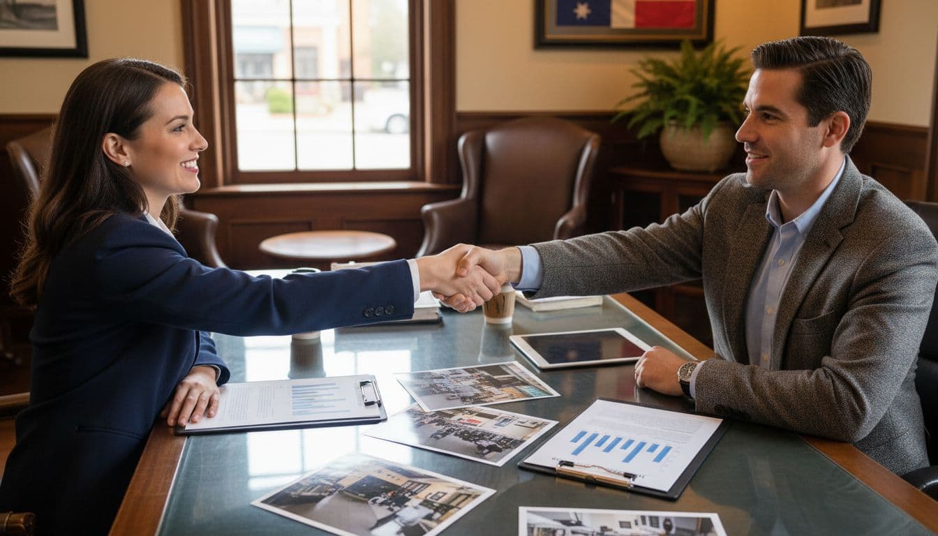 An entrepreneur shakes hands confidently with a seller across a desk in a real estate office, surrounded by laundromat photos, financial charts, and subtle Southern decor with a Georgia flag in the background.