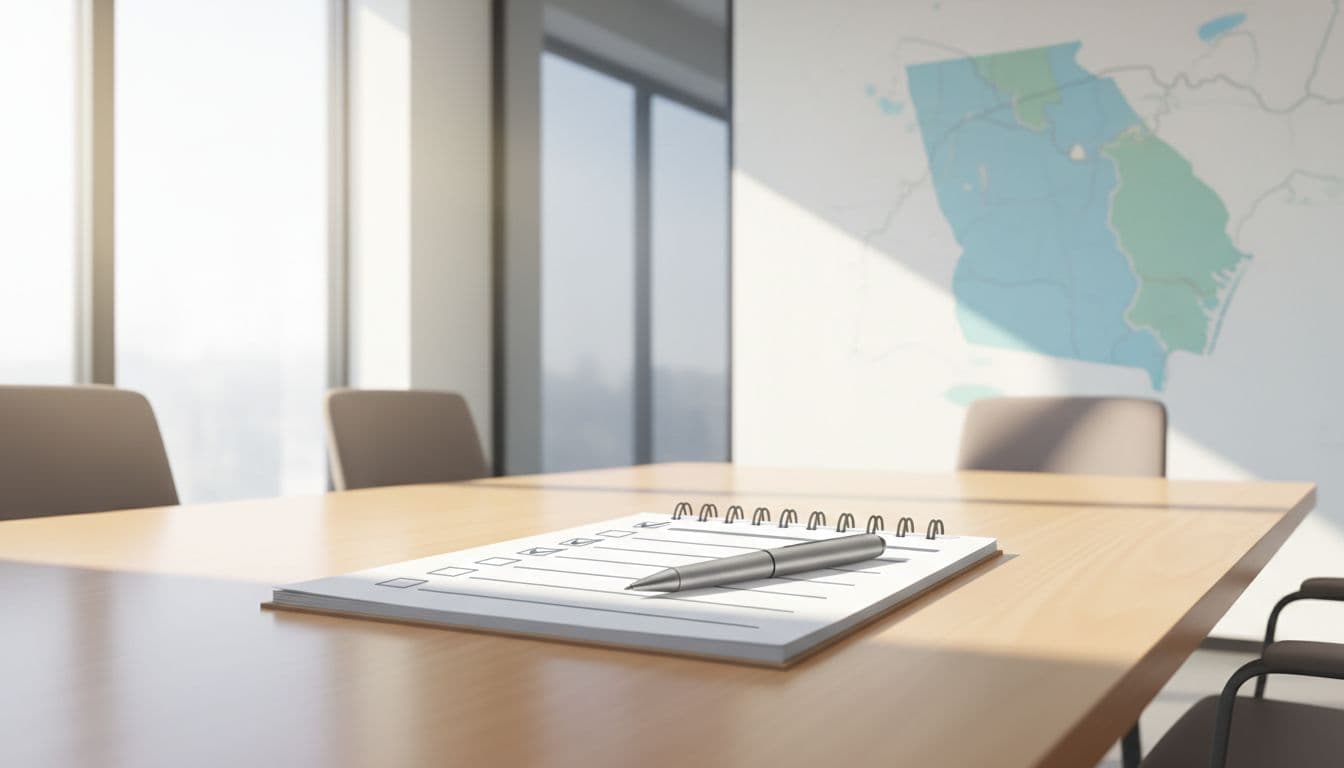 Clean professional AI illustration of a checklist notepad and pen on a conference table reviewing commercial title commitment items, with subtle Georgia South Carolina coastal map on wall in modern business setting under bright daylight.