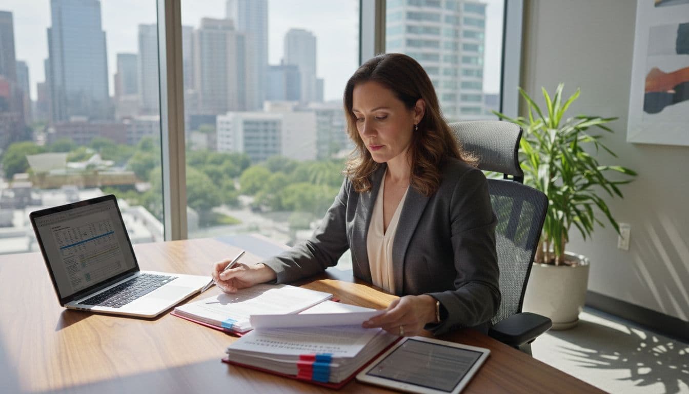 A professional advisor in a modern office reviews legal documents on successor liability during a Georgia business asset purchase, seated at a desk with papers and laptop under natural daylight lighting.