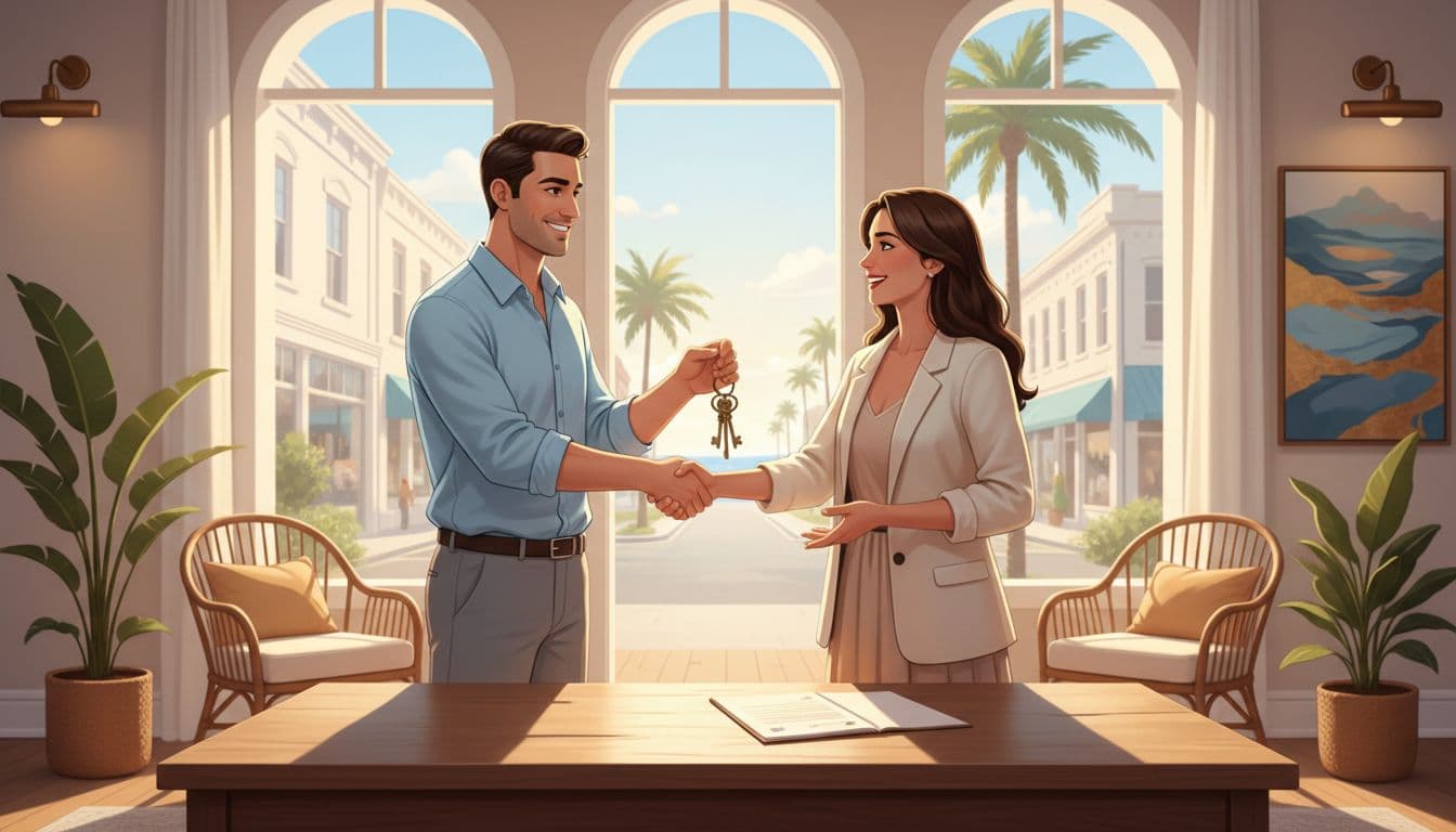 Illustration of two entrepreneurs shaking hands over a business deal in a sunny Georgia storefront office, one holding keys, modern polished style with warm coastal vibe.