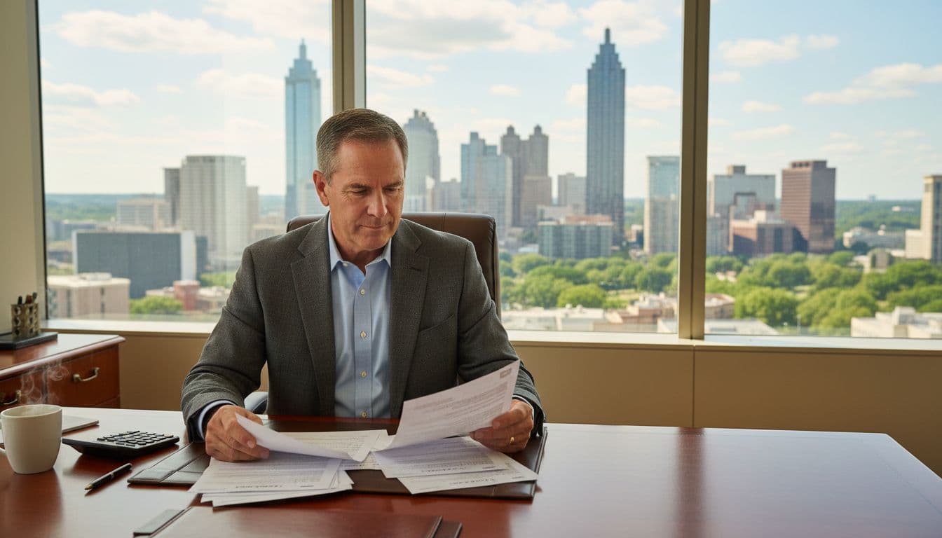 A confident middle-aged Georgia business owner in business casual sits at a wooden desk in a sunny office overlooking the Atlanta skyline, reviewing printed offer documents with a calculator nearby.