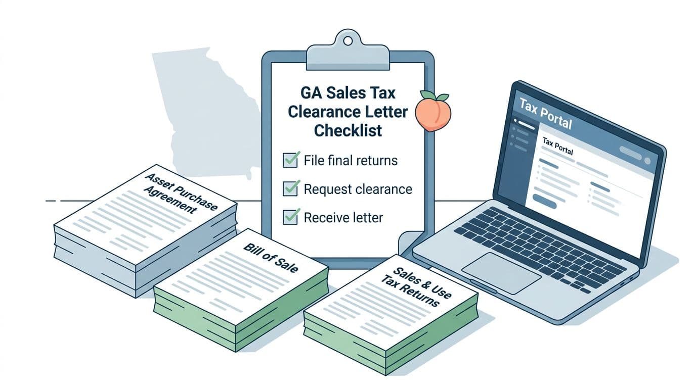 Modern infographic of a professional closing table for a Georgia business sale, centered on a clipboard with GA Sales Tax Clearance Letter Checklist and nearby stacks of documents like Asset Purchase Agreement and Bill of Sale. Features subtle Georgia peach icon, state outline, and a laptop with blurred tax portal in flat-vector style with muted blues and greens.
