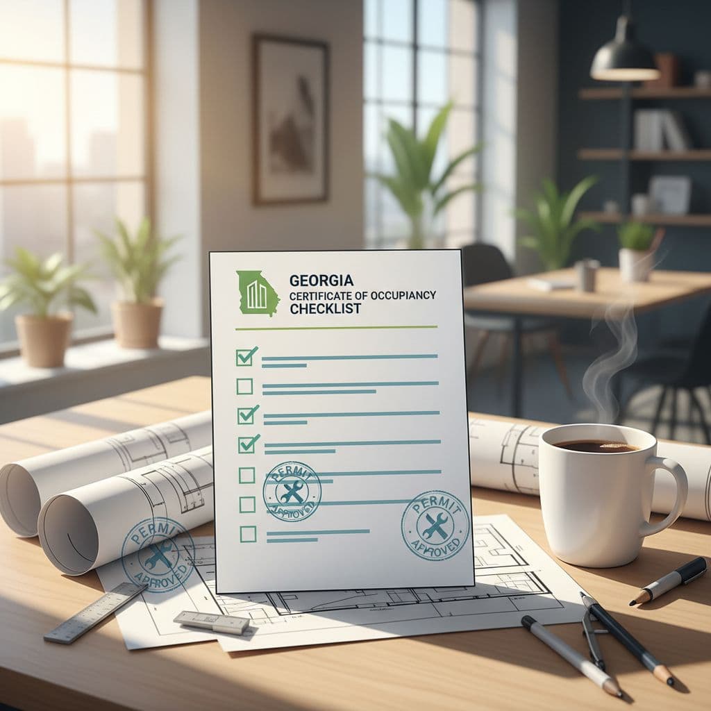 Modern illustration of a detailed Georgia certificate of occupancy checklist on a desk in a sunny real estate office, surrounded by blueprints, permit stamps, and a coffee mug with soft professional lighting and casual business vibe.