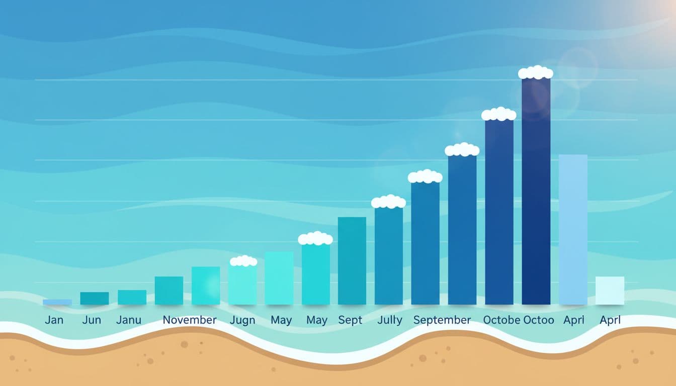 Casual editorial-style bar graph illustrating seasonal cash flow for a coastal Georgia tourism business, featuring high summer peaks and winter dips on a blue ocean waves background with bright coastal lighting.