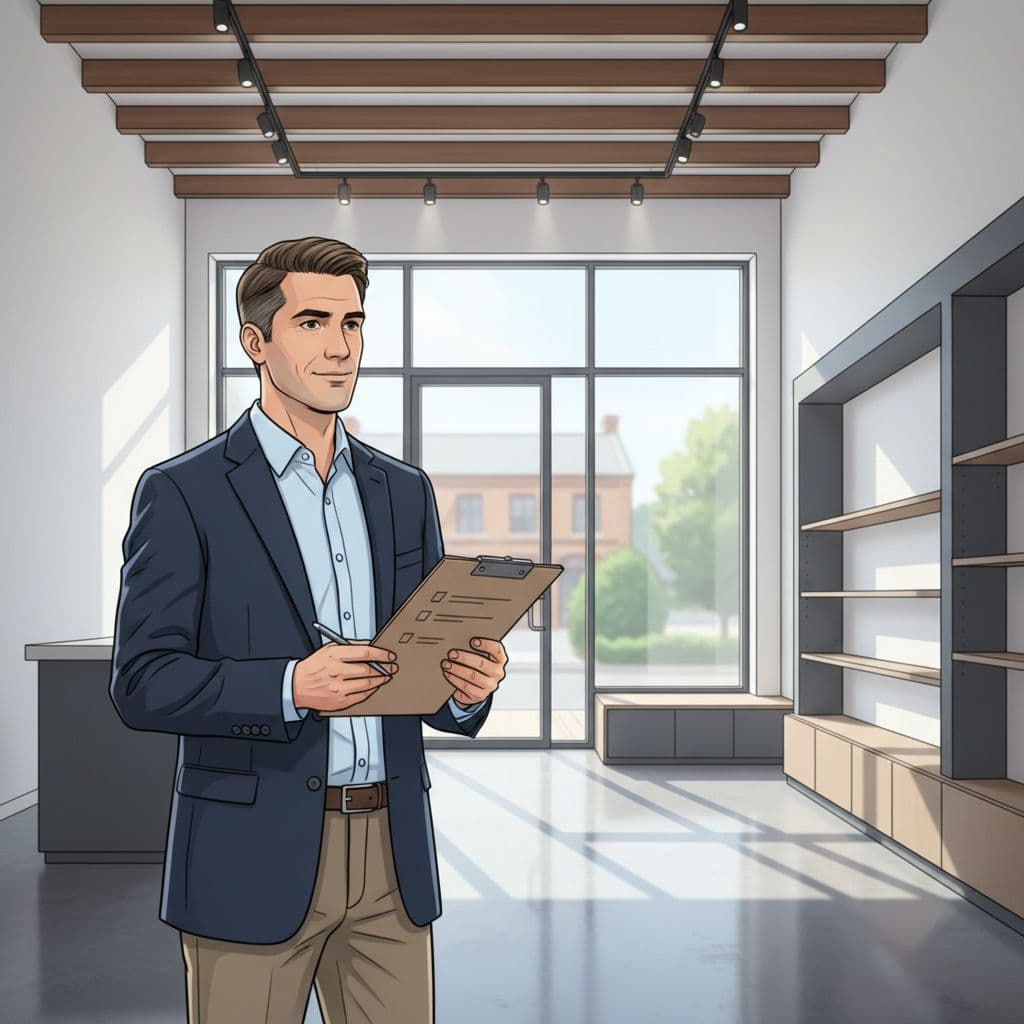 Professional AI illustration of a building inspector examining a retail storefront in Georgia during a certificate of occupancy inspection. Modern store interior features a checklist clipboard in foreground with bright natural light through windows.