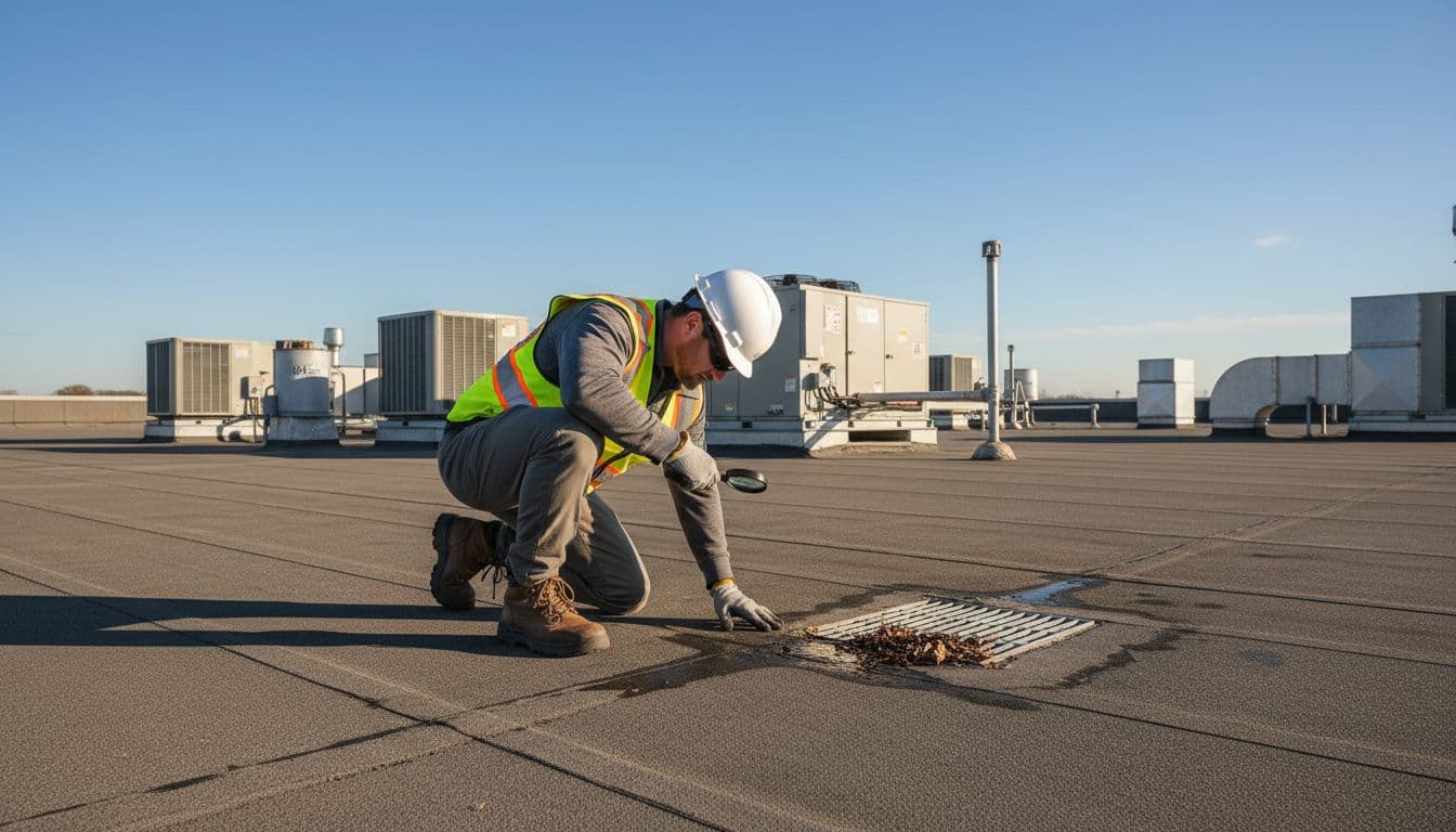 Safety-geared inspector checks membrane wear, seams, and drainage on sunny flat commercial roof with HVAC units behind.