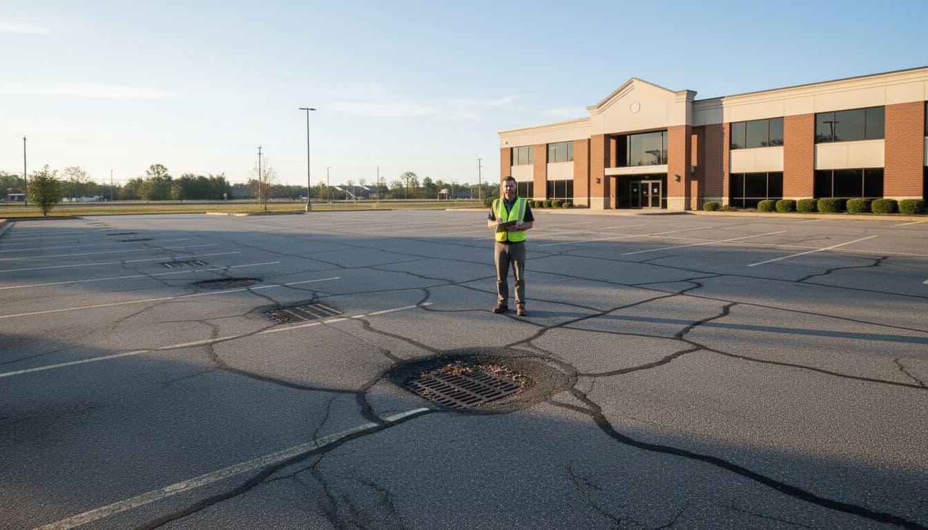 Inspector marks clipboard in empty lot with cracked asphalt, potholes, faded lines, and drainage grates under morning shadows.