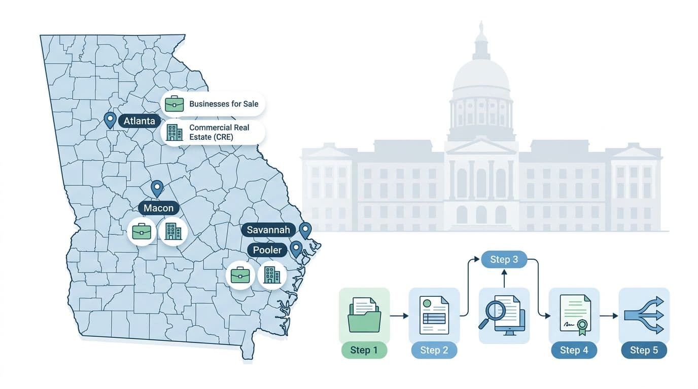 Infographic-style map of Georgia highlighting cities like Atlanta, Savannah, Pooler, and Macon with business sales icons, featuring a 5-step flowchart for sales tax clearance. Professional minimal flat-vector design with soft blues and greens on a white background.