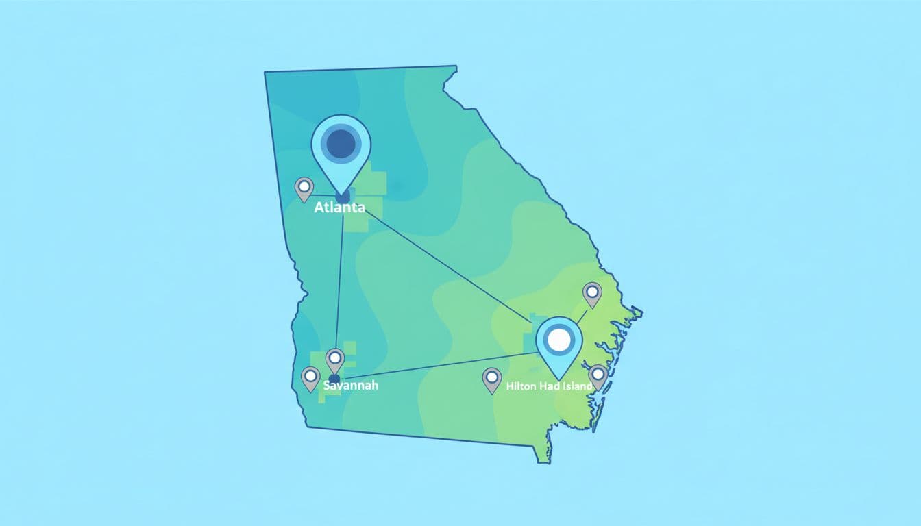 Clean vector illustration of Georgia and South Carolina map in aerial view style, highlighting Atlanta, Savannah, and Hilton Head with pins on business districts using soft blue and green tones in daylight, no text or people.