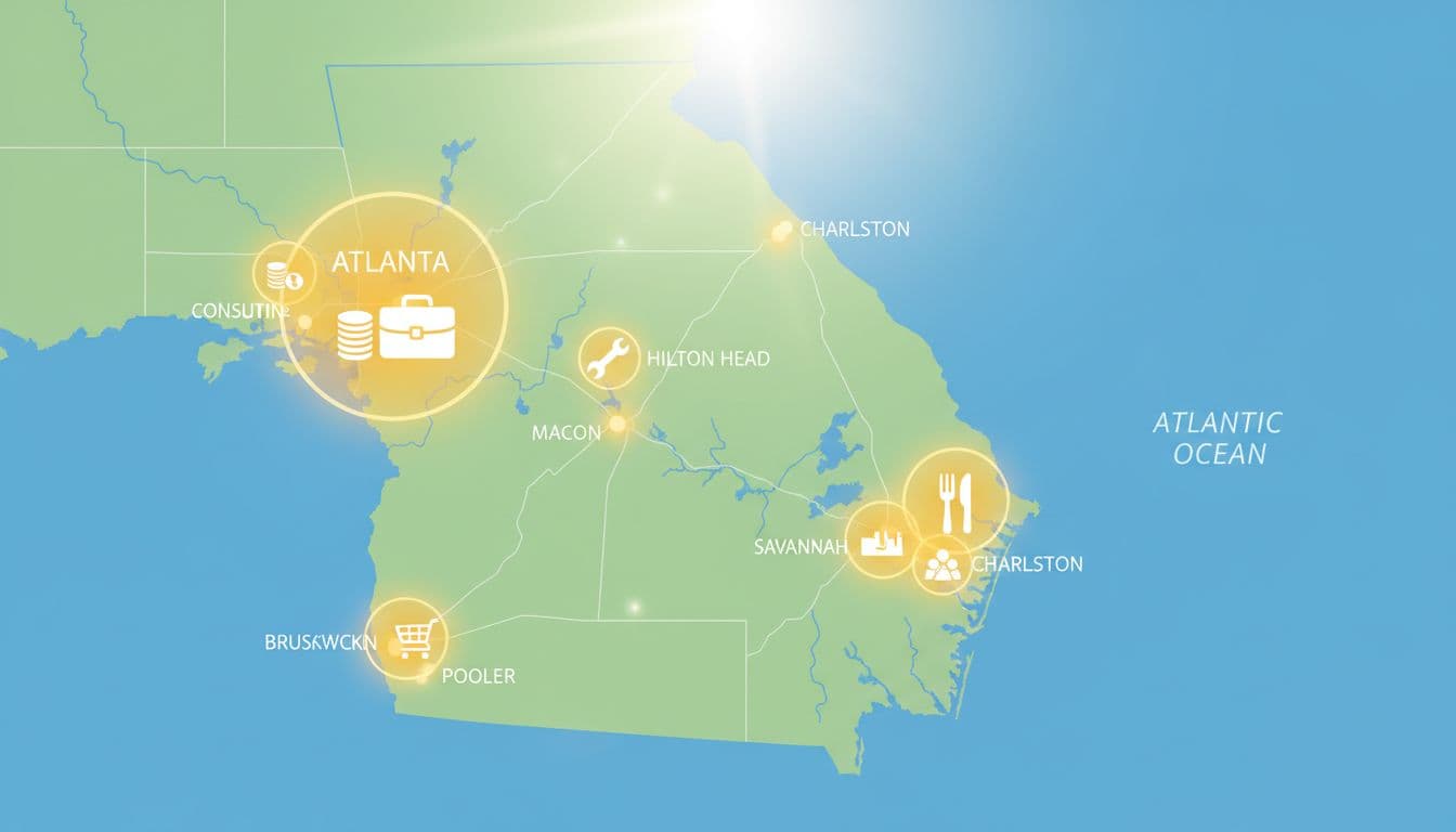 Illustrative sunny overhead map of Georgia and South Carolina highlighting cities Atlanta, Savannah, Hilton Head, Pooler, Macon, and Brunswick with business icons, clean simple landscape design, no text or people.